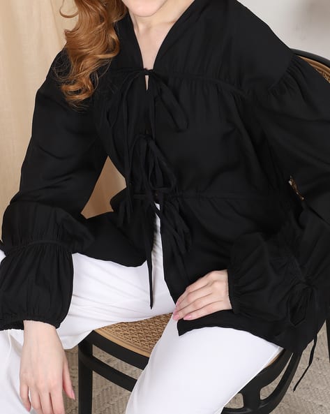 Product image of
                        Shein Shein Open Front Tie-Up Bishop Sleeve
                        Peplum Long Top