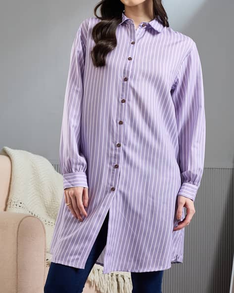 Product image of
                        Shein Shein Spread Collar Cuffed Sleeve Striped
                        Long Shirt