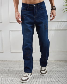 Shein Shein Men Full Length Star Placement Print Mid Wash Jeans