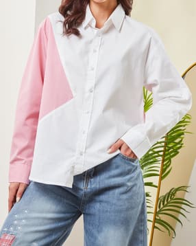 Shein Spread Collar Full Sleeve Colour Block Striped Shirt-picture-31