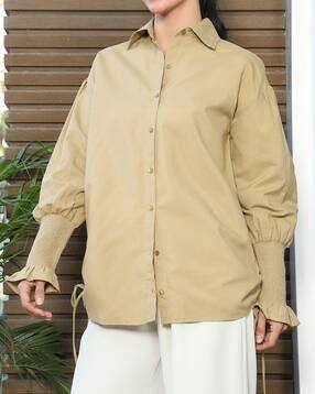 Shein Bishop Sleeve Adjustable Tie-Up Back Pleated Shirt-picture-12