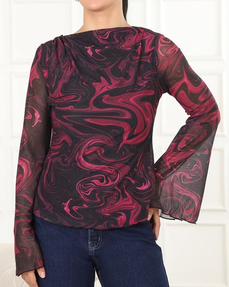 Product image of
                        Shein Shein Mock Neck Semi-Sheer Bell Sleeve
                        Abstract Print Top