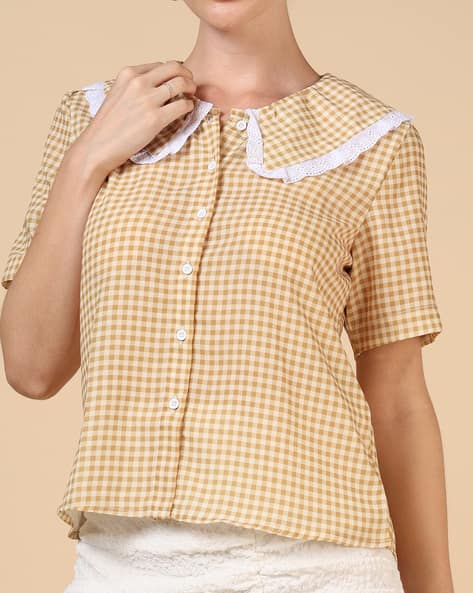 Product image of
                        Shein Shein Peter Pan Collar Contrast Lace Trim
                        Checked Shirt