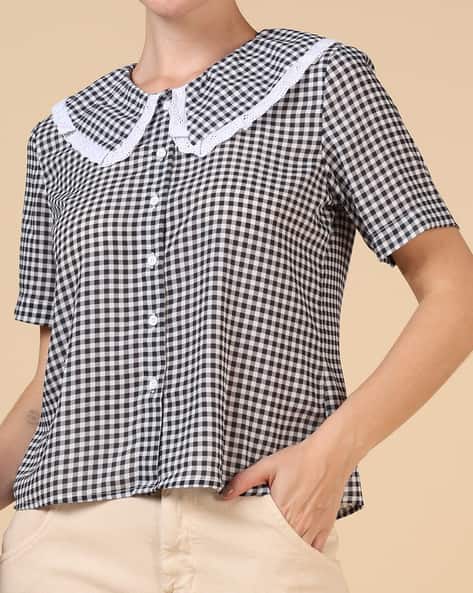 Product image of
                        Shein Shein Peter Pan Collar Contrast Lace Trim
                        Checked Shirt