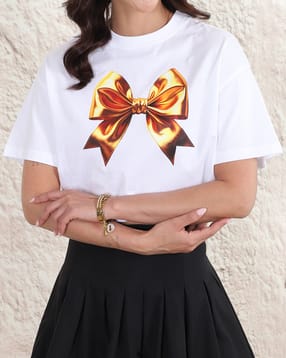 Shein Short Sleeve Graphic Bow Chest Print Crew Tshirt-picture-10