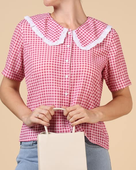Product image of
                        Shein Shein Peter Pan Collar Contrast Lace Trim
                        Checked Shirt
