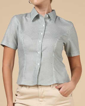 Shein Spread Collar Short Sleeve Panelled Checked Shirt-picture-12