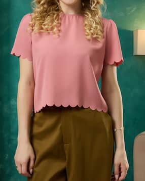 Shein Puff Sleeve Scallop Hem Button Closure Top-image-7