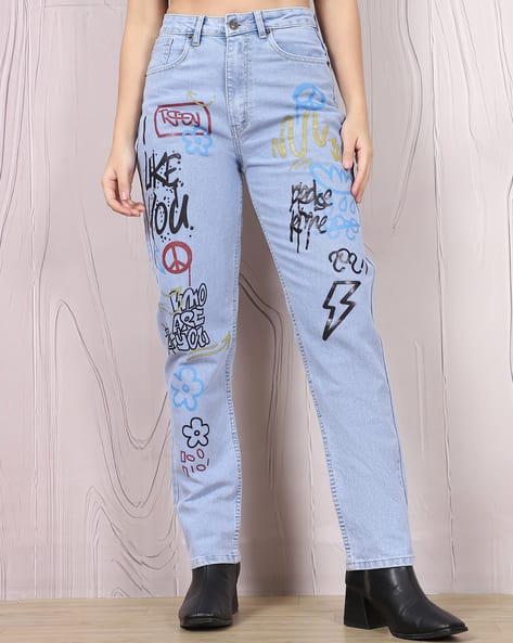 Shein High Rise Typographic Print Light Wash Jeans