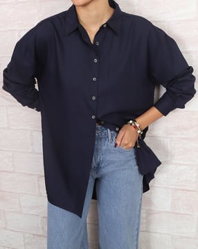 Shein Drop Shoulder Spread Collar High Low Hem Shirt-picture-35
