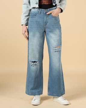Shein Fly With Button Closure Mid Wash Distressed Jeans-picture-50