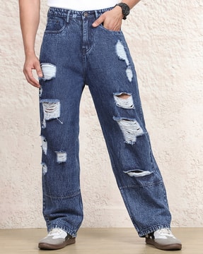 Shein Shein Men Street Fly With Button Closure Stone Wash Distressed Jeans