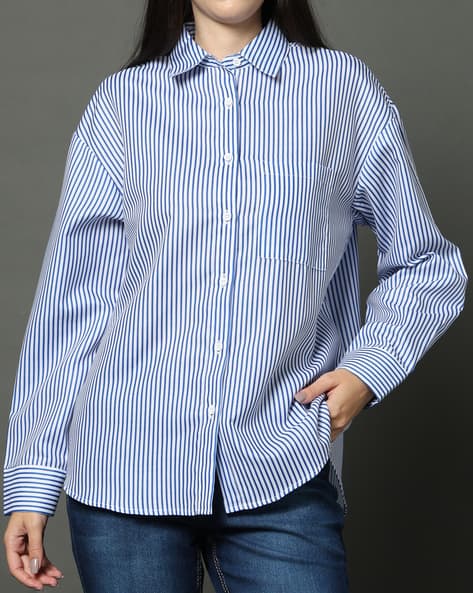 Product image of
                        Shein Shein Drop Shoulder Spread Collar Striped
                        Shirt With Pocket
