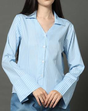 Shein Bell Sleeve V-Neck Spread Collar Striped Shirt-picture-46