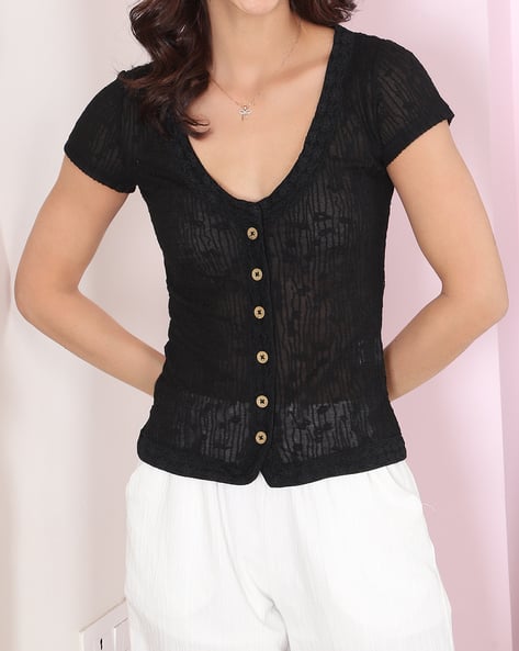Product image of
                        Shein Shein Short Sleeve Lace Detail Self
                        Designed Semi Sheer Top