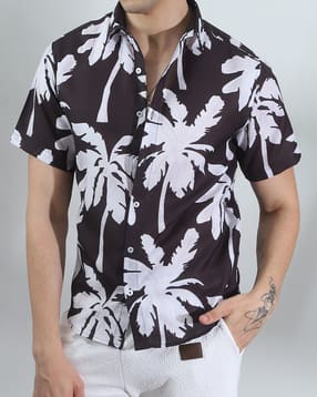 Shein Spread Collar Short Sleeve Tropical Print Shirt-picture-28
