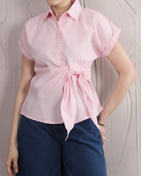 Product image of
                        Shein Shein Spread Collar Adjustable Tie-Up
                        Striped Shirt