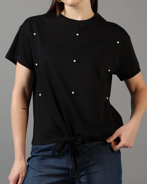 Product image of
                        Shein Shein Short Sleeve Front Tie-Up Pearl
                        Detail Top