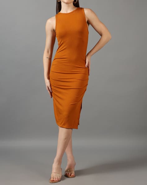 shein bodycon midi dress SHEIN Brown Knitted Sleeveless Bodycon Dress With Pleated Waist And Side Slit For Women,XS