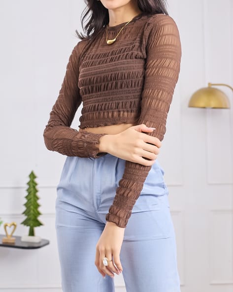 Product image of
                        Shein Shein Full Sleeve Curled Trim Self
                        Designed Semi Sheer Top