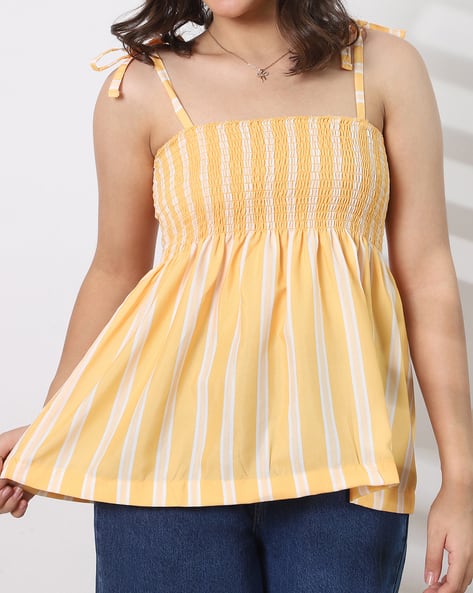 Product image of
                        Shein Shein Spaghetti Tie-Up Strap Striped
                        Smocked Peplum Top