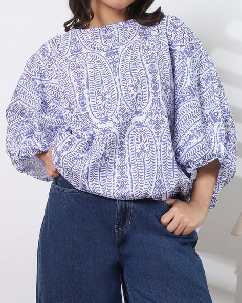 Product image of
                        Shein Shein Batwing Sleeve Tie-Up Detail Paisley
                        Print Top