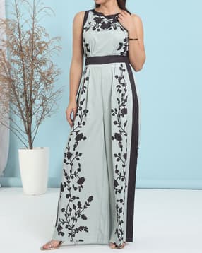 Shein Sleeveless Tie Up Leaf Print Panelled Jumpsuits-picture-45