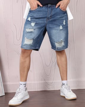 Shein Fly With Button Closure Distressed Denim Shorts-picture-11