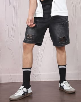 Shein Fly With Button Closure Distressed Denim Shorts-image-5