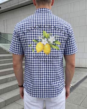Shein Shein Men Short Sleeve Graphic Back Print Checks Shirt