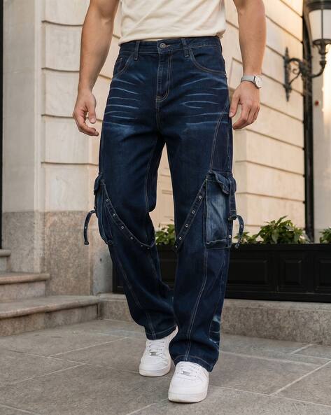 Shein Full Length Fly with Button Closure Mid Wash Cargo Jeans