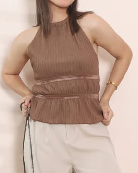 Shein Halter Neck Smocked Back Curled Hem Peplum Top-picture-22