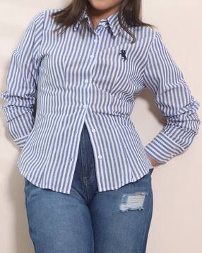 Shein Spread Collar Cuffed Sleeve Striped Shirt-picture-34