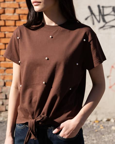 Product image of
                        Shein Shein Short Sleeve Front Tie-Up Pearl
                        Detail Top