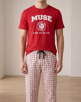 Shein Typographic Chest Print Crew Tshirt & Checked Pyjama-picture-14