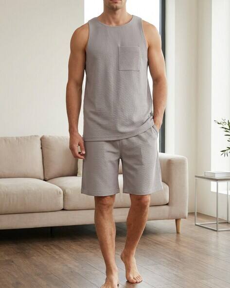 Shein Sleeveless Textured Crew Tshirt & Shorts Set