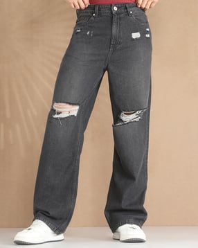 Shein Fly With Button Closure Mid Wash Distressed Jeans-picture-20
