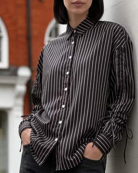 Shein Drop Shoulder Ruched Tie Up Stripes Shirt-picture-13