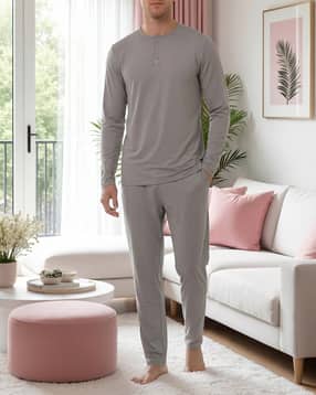 Shein Henley Neck Full Sleeve Tshirt & Pyjama Lounge Set-picture-34