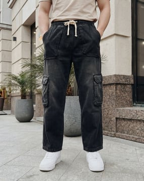 Shein Elasticated Drawstring Waist Mid Wash Cargo Jeans-picture-36