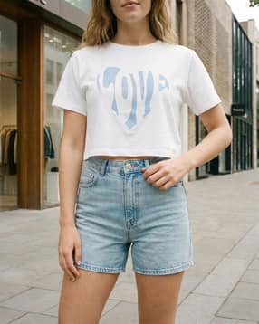 Shein Short Sleeve Heart Chest Print Crop Crew Tshirt-picture-29