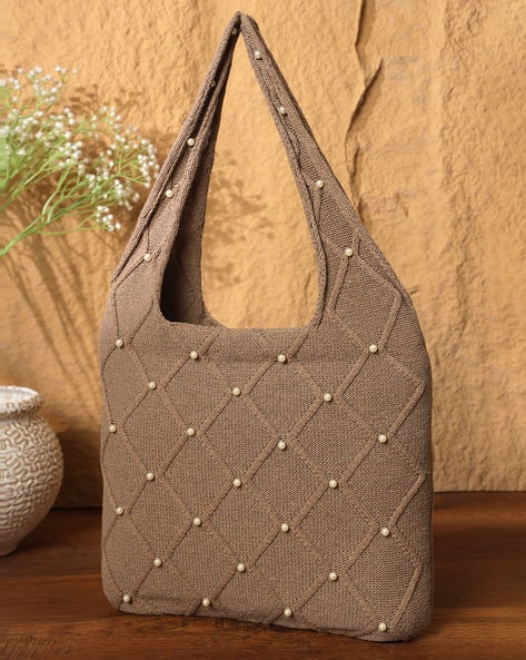 Shein Women Pearl Embellished Textured Crochet Tote Bag