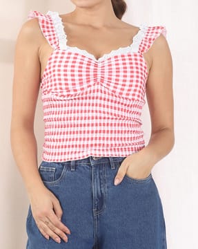 Shein Shein Women Sweetheart Neck Lace Trim Checked Cami Top