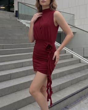 asymmetrical ruched dress Elegant Asymmetrical Shoulder Ruched Mid-Length Dress for Women in Win   Canary Houze