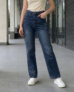 Shein Shein Women Full Length Frayed Floral Patch Detail Mid Wash Jeans