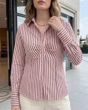 Shein Spread Collar Full Sleeve Front Pleated Stripes Shirt-picture-43
