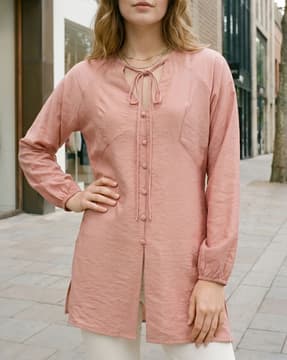 Shein Shein Women Neck Tie-Up Peasant Raglan Sleeves Long Tunic