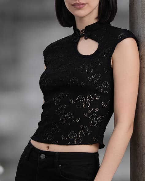 Product image of
                        Shein Shein Mock Neck Cap Sleeve Floral Self
                        Designed Top