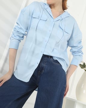 Shein Drop Shoulder Full Sleeve Hooded Shirt With Chest Pockets-picture-32