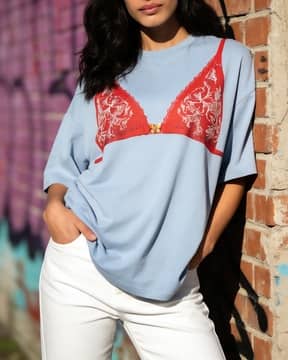 Shein Shein Women Drop Shoulder Graphic Chest Print Crew Tshirt